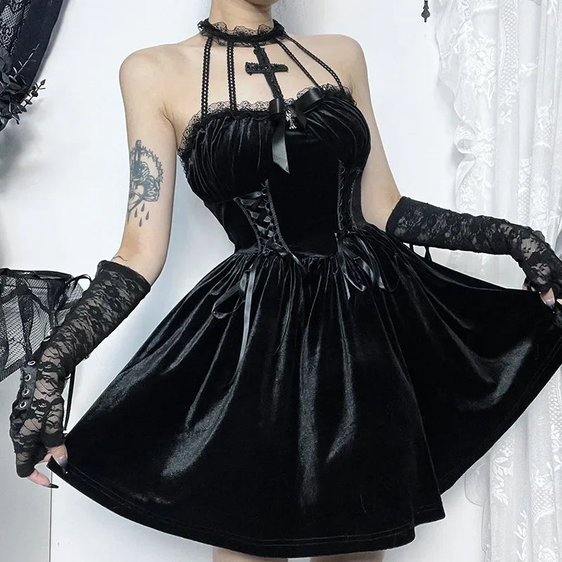 Velvet Lace-Up Corset Cross Pendant Halter Neck Lace Trim A-Line Mini Dress
