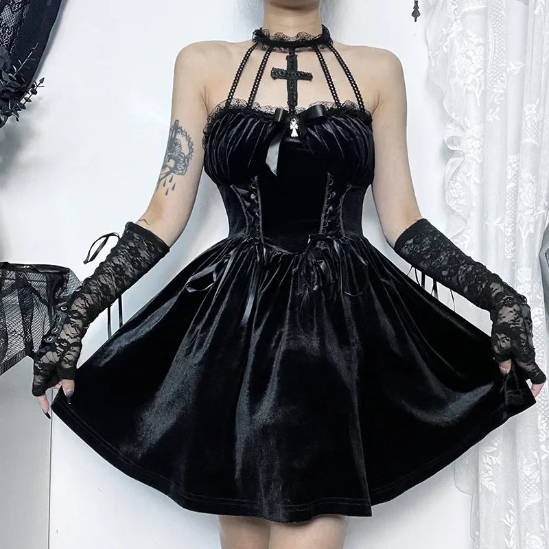 Velvet Lace-Up Corset Cross Pendant Halter Neck Lace Trim A-Line Mini Dress