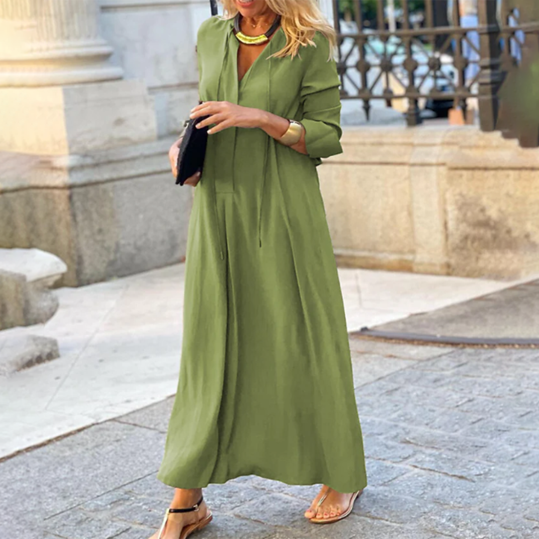 V-Neck Collar Drawstring Tie Long Sleeve Relaxed Maxi Dress