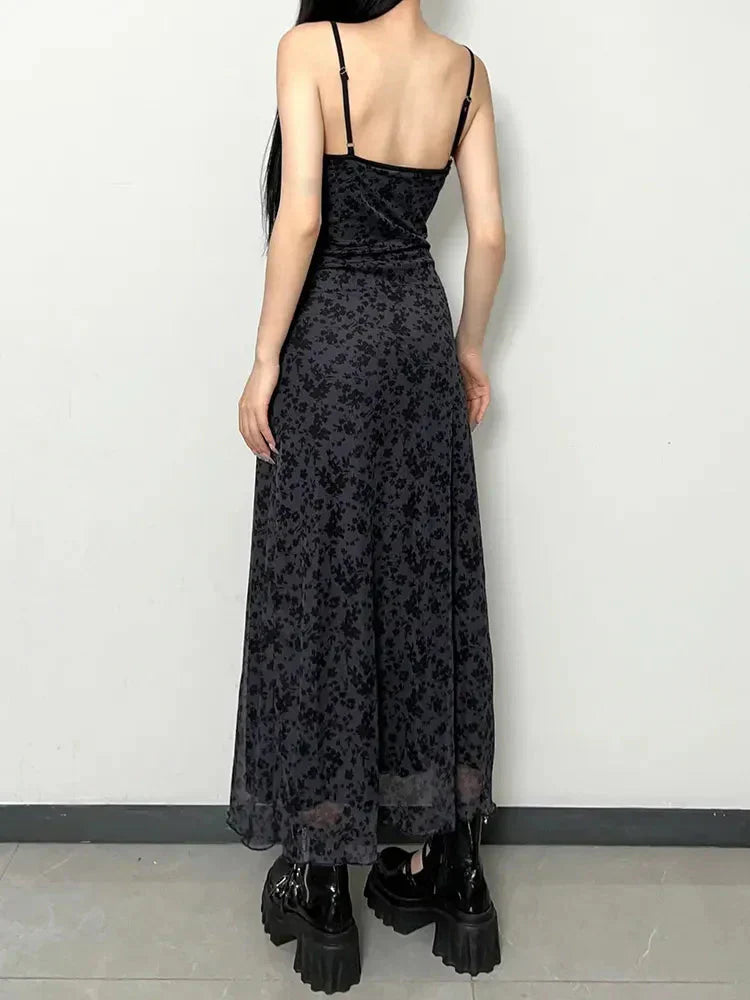Floral Print Lace Trim Spaghetti Strap Mesh Layered Maxi Dress