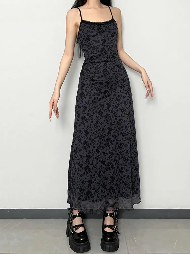 Floral Print Lace Trim Spaghetti Strap Mesh Layered Maxi Dress