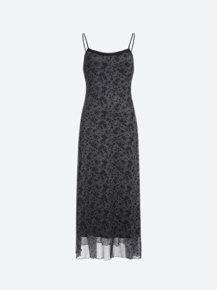 Floral Print Lace Trim Spaghetti Strap Mesh Layered Maxi Dress