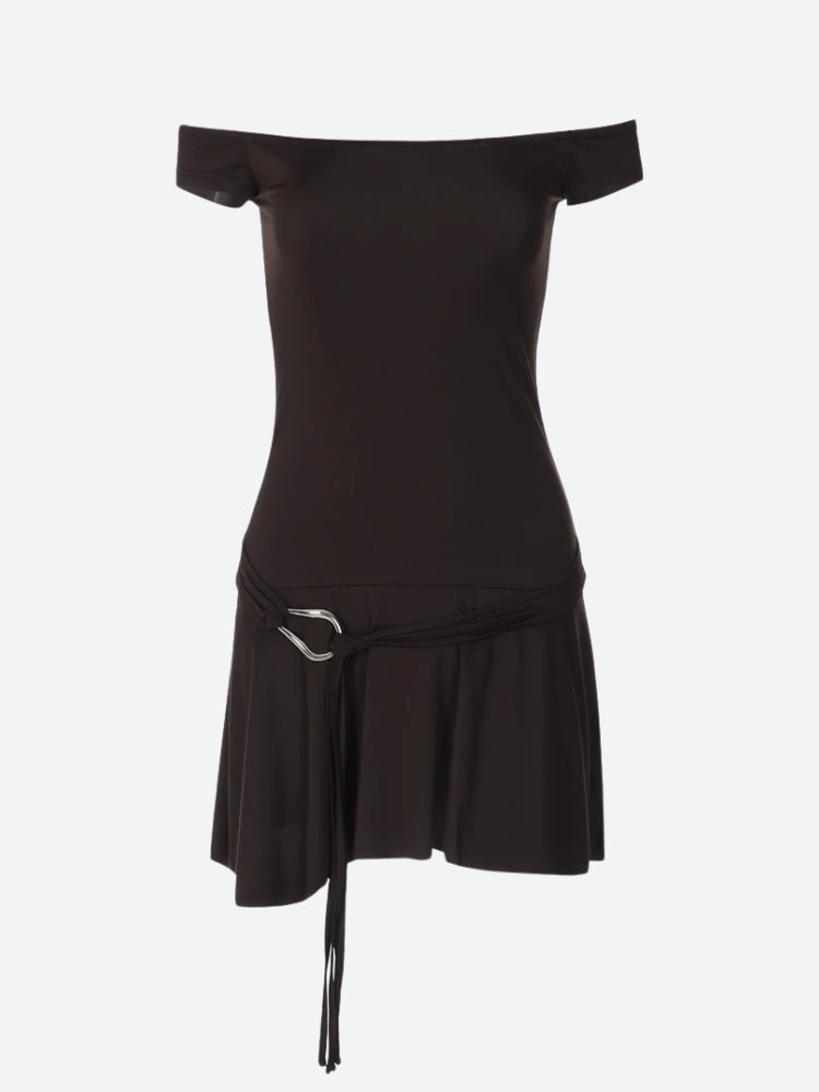Off-Shoulder Buckled Belt Ruffle Hem Mini Skirt Two-Piece Set