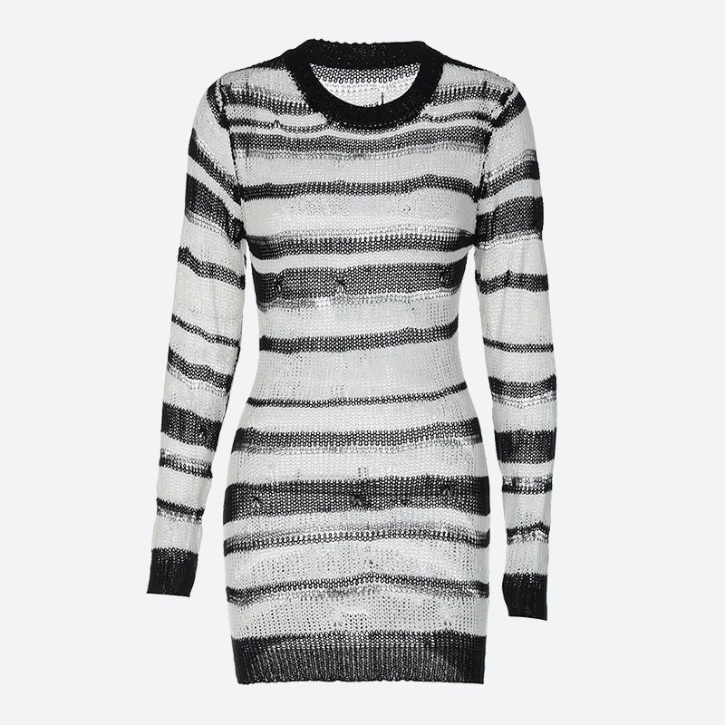 Striped Open Knit Distressed Long Sleeve Crew Neck Bodycon Mini Dress