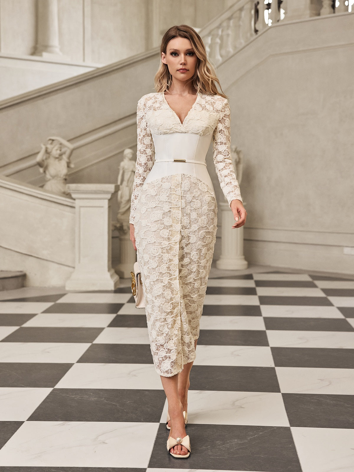Floral Lace Deep V-Neck Long Sleeve Corset Waist Belted Midi Dress