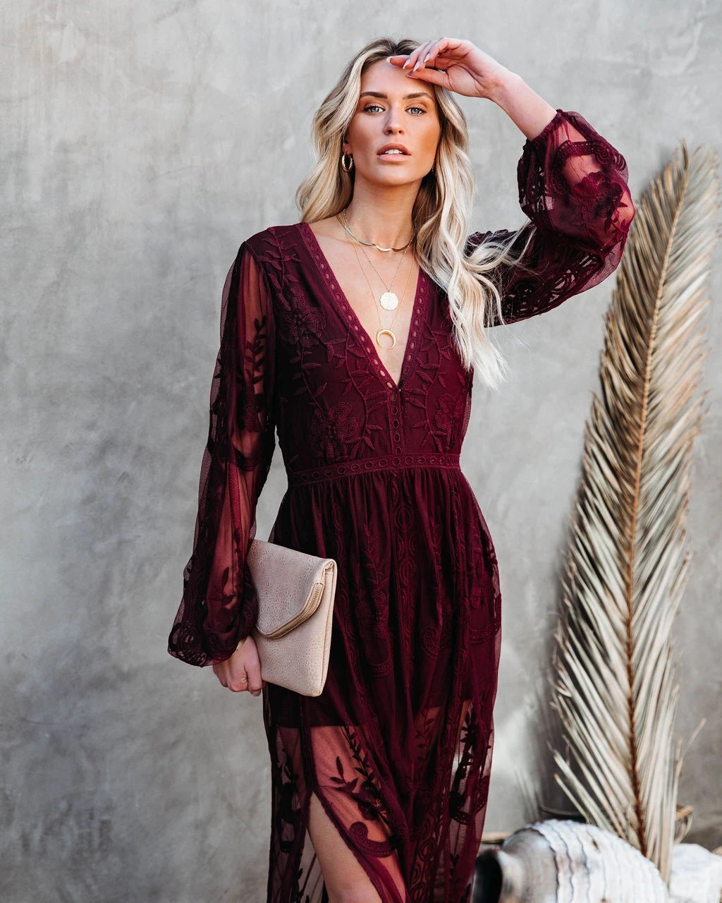 Embroidered Lace Deep V Neck Balloon Sleeve Thigh Slit Maxi Dress