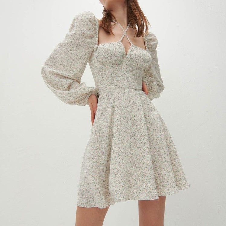 Sweetheart Neck Tie Front Puff Sleeve Floral Print A Line Mini Dress