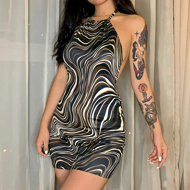 Halter Neck Ribbed Knit Side Cut Out Backless Mini Dress