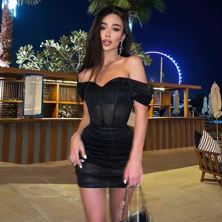 Off Shoulder Corset Bustier Ruched Glitter Mini Dress