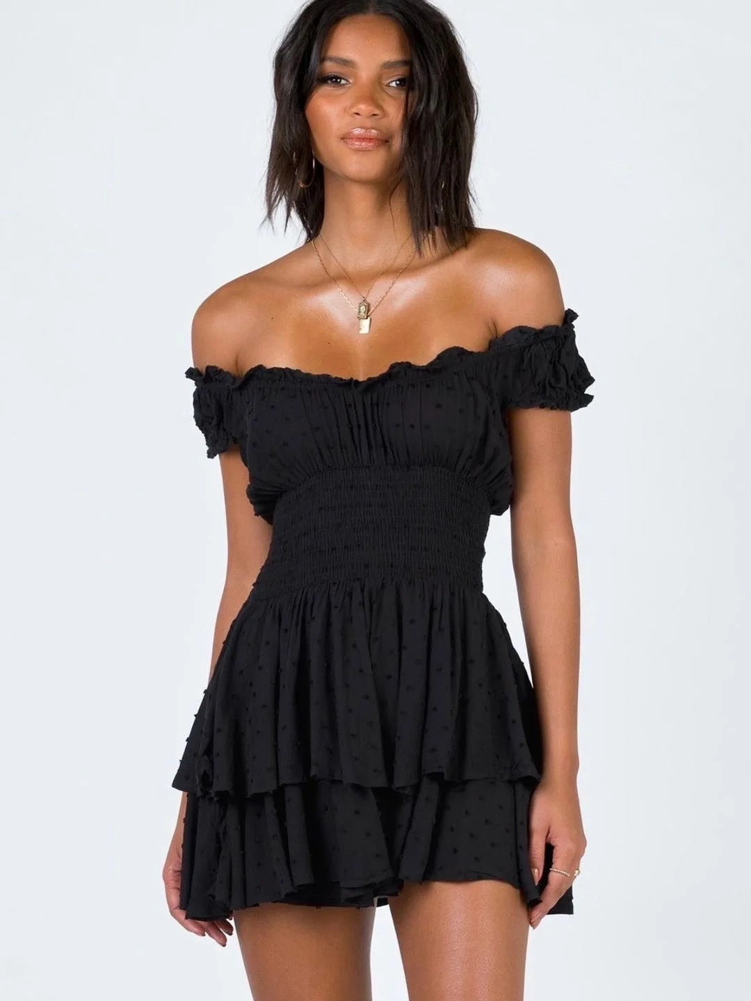 Off Shoulder Swiss Dot Smocked Waist Tiered Ruffle Mini Dress