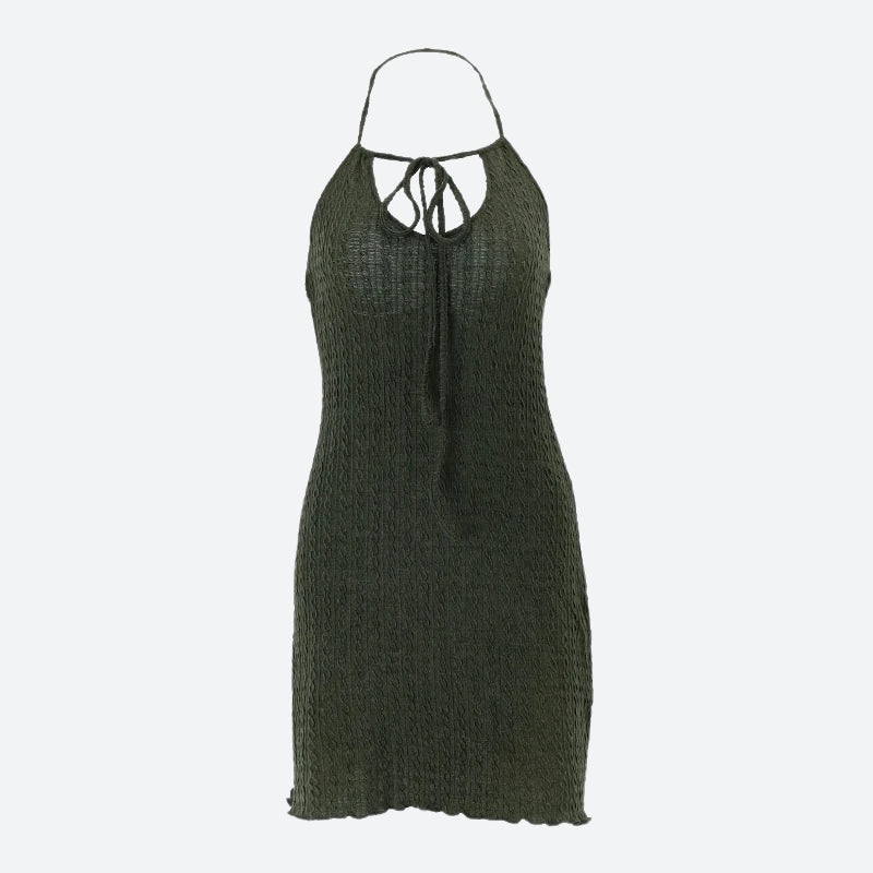 Halter Neck Keyhole Crinkle Texture Bodycon Mini Dress