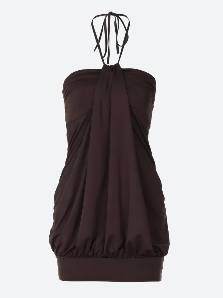 Halter Neck Gathered Draped Bubble Hem Mini Dress