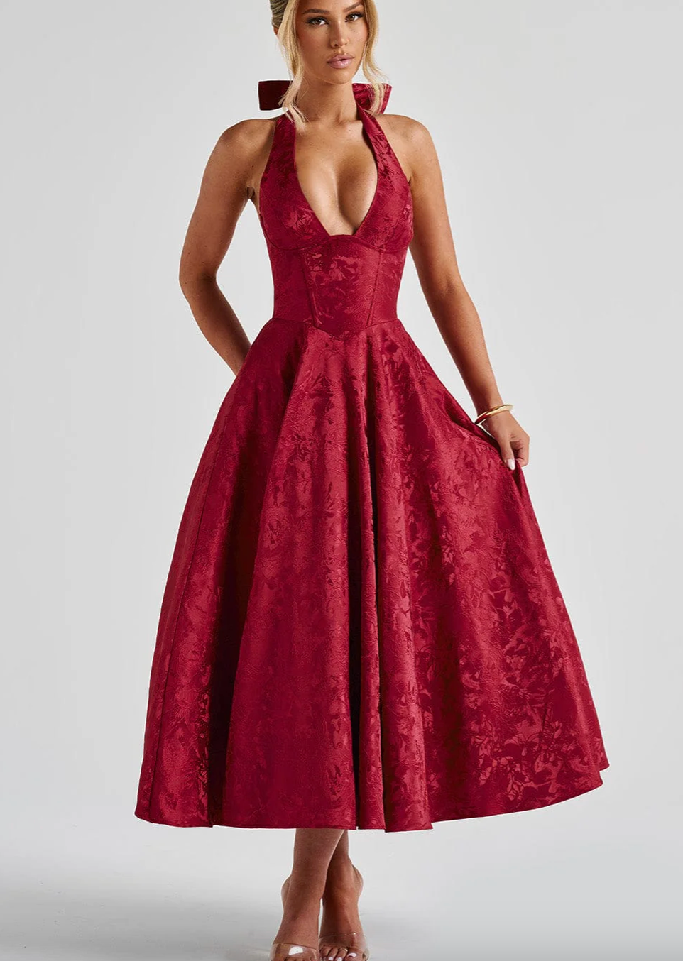 Jacquard Halter Deep V-Neck Corset Bodice Flared Midi Dress