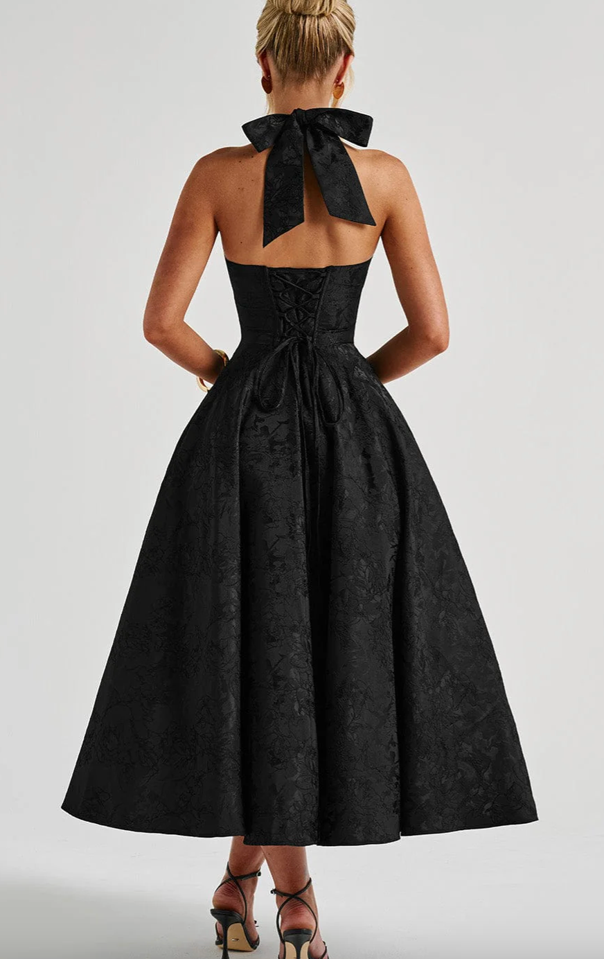 Jacquard Halter Deep V-Neck Corset Bodice Flared Midi Dress