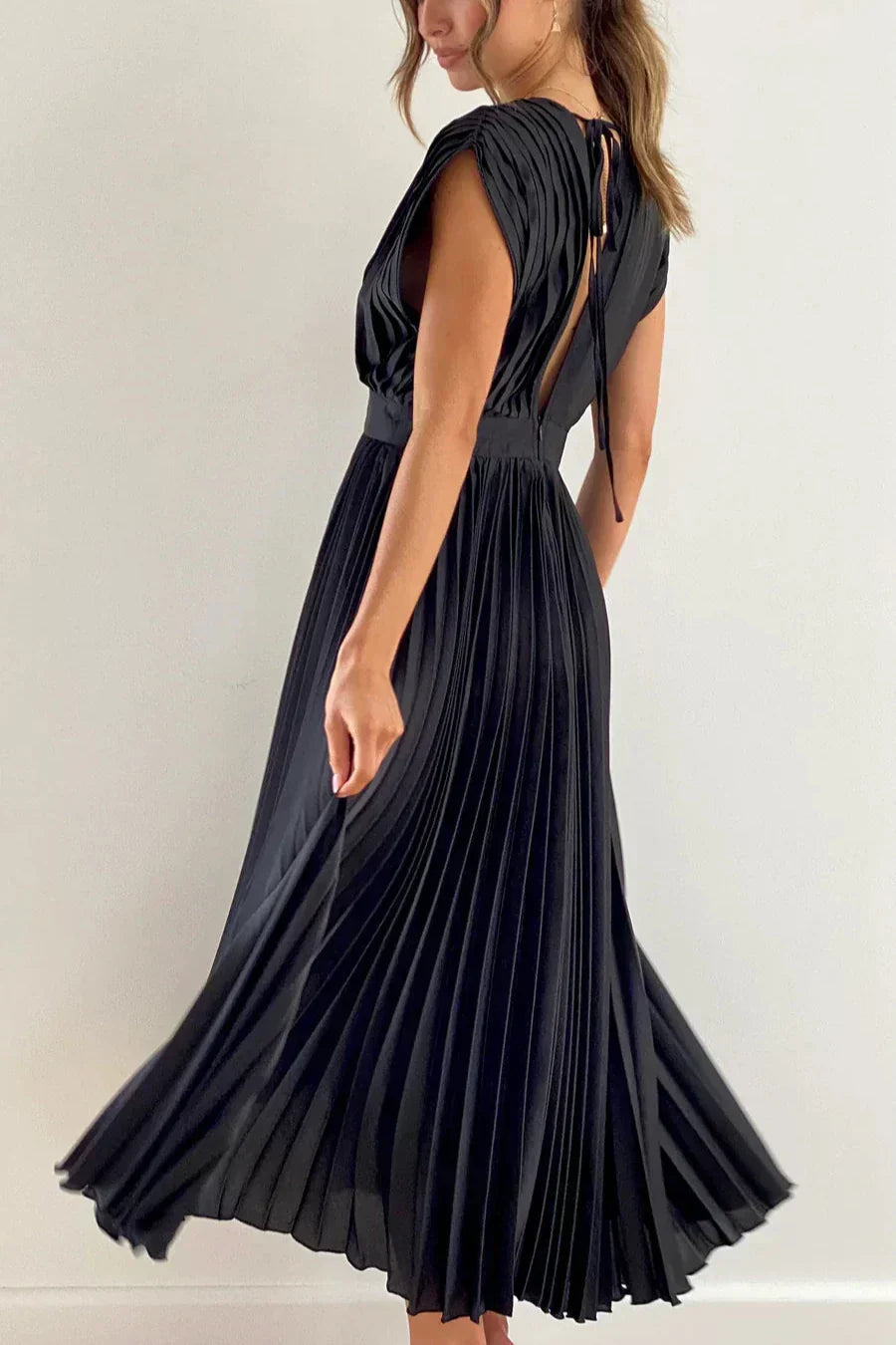 Satin Accordion Pleat Cap Sleeve Deep V-Back Tie Neck Midi Dress