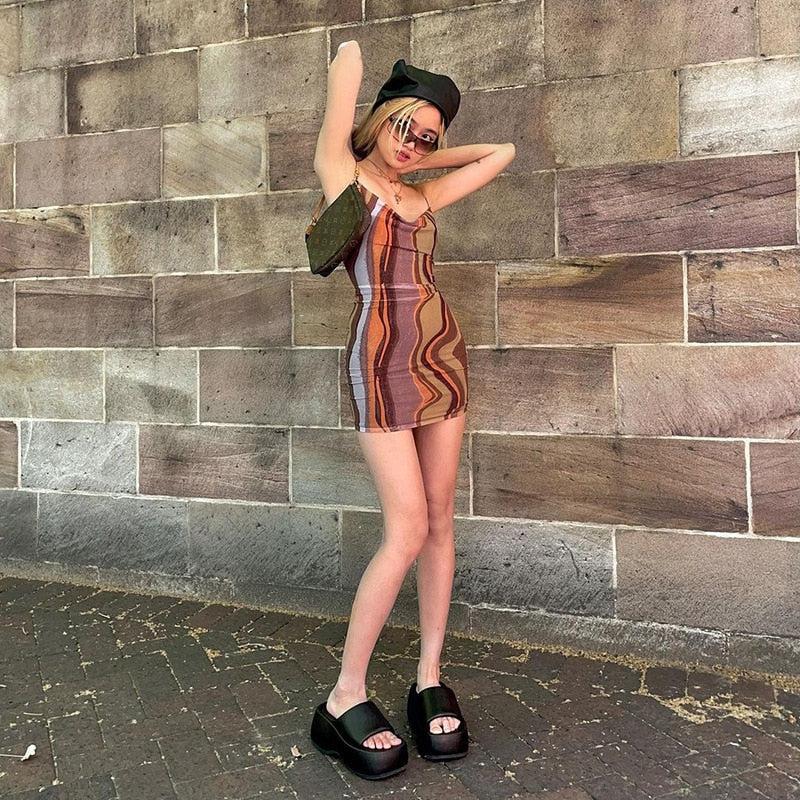 Cowl Neck Spaghetti Strap Abstract Swirl Print Bodycon Mini Dress