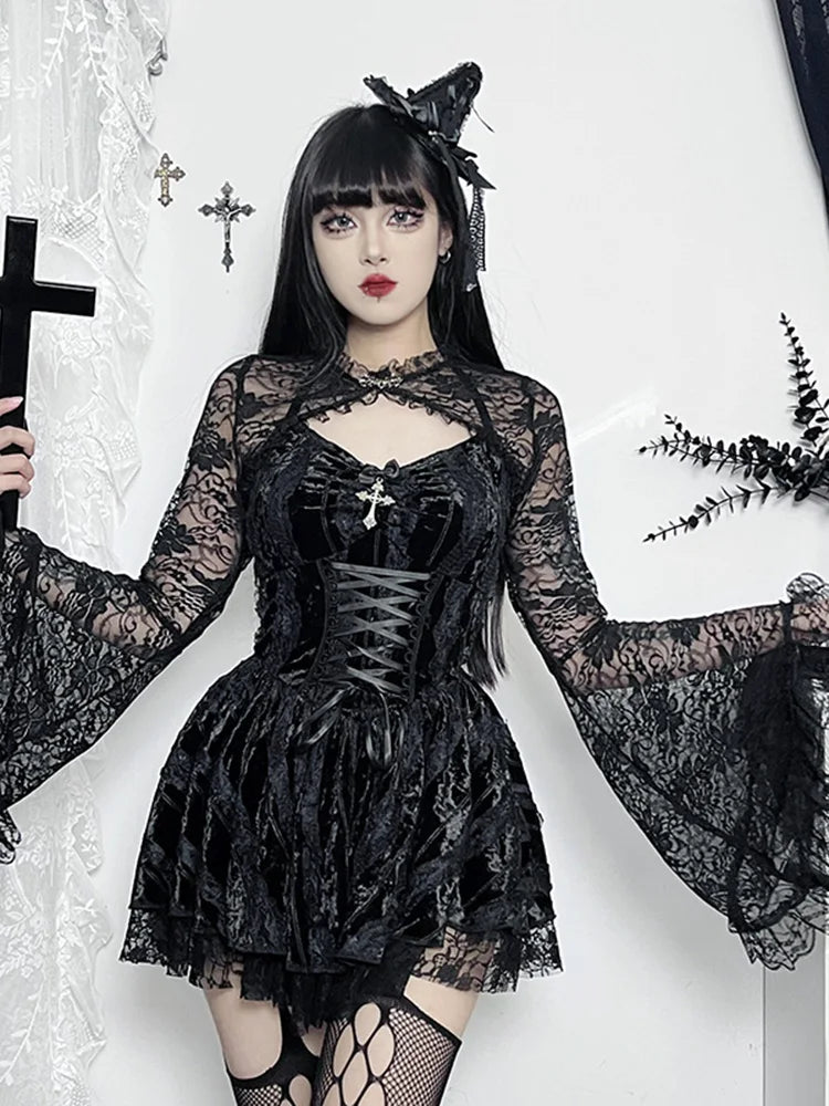 Velvet Halter Sweetheart Lace Up Corset Tiered Lace Trim Mini Dress
