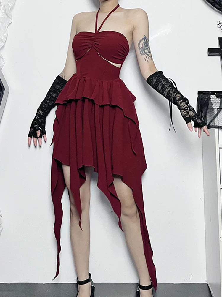 Halter Sweetheart Waist Cutout Tiered Handkerchief Hem Mini Dress