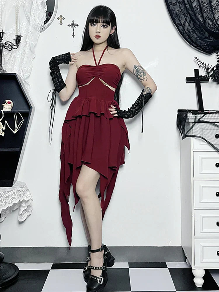Halter Sweetheart Waist Cutout Tiered Handkerchief Hem Mini Dress