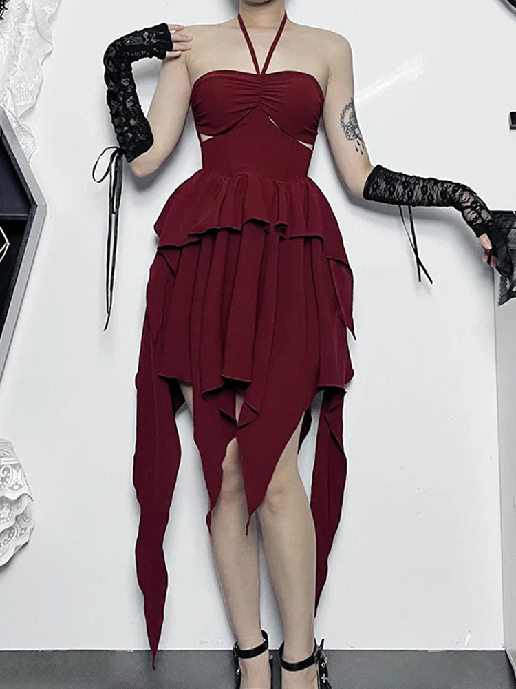 Halter Sweetheart Waist Cutout Tiered Handkerchief Hem Mini Dress