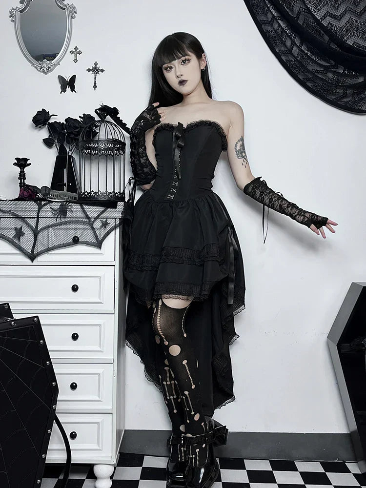 Strapless Corset Hook Front Lace Trim Hi-Low Ruffle Mini Dress