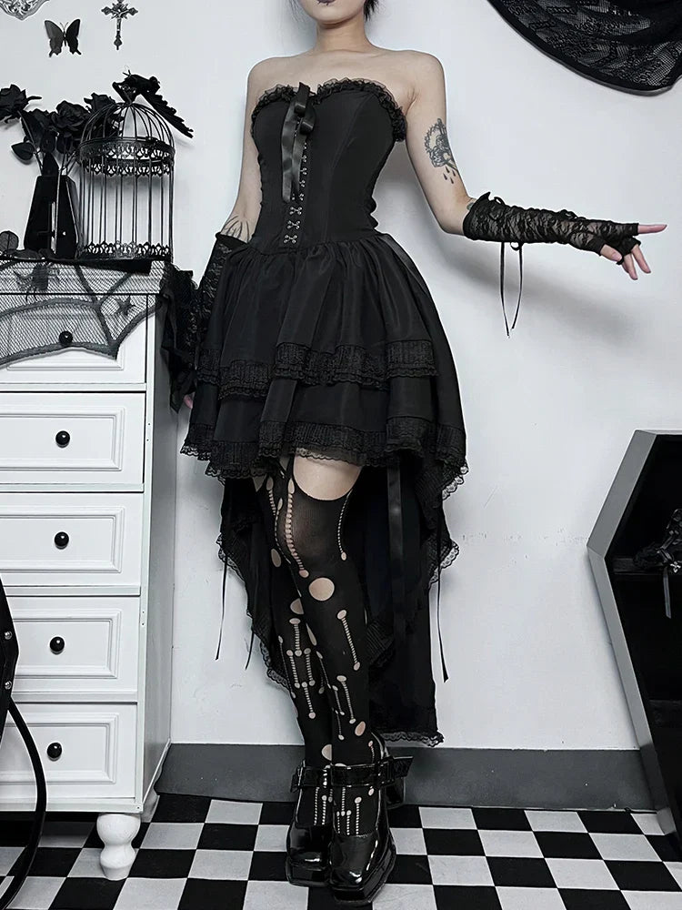 Strapless Corset Hook Front Lace Trim Hi-Low Ruffle Mini Dress