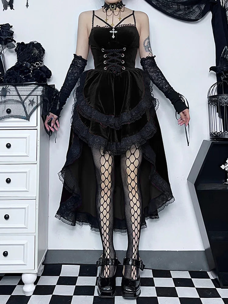 Velvet Lace Up Corset Bodice Lace Trim Tiered High Low Ruffle Mini Dress