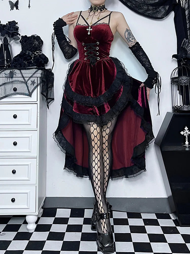 Velvet Lace Up Corset Bodice Lace Trim Tiered High Low Ruffle Mini Dress