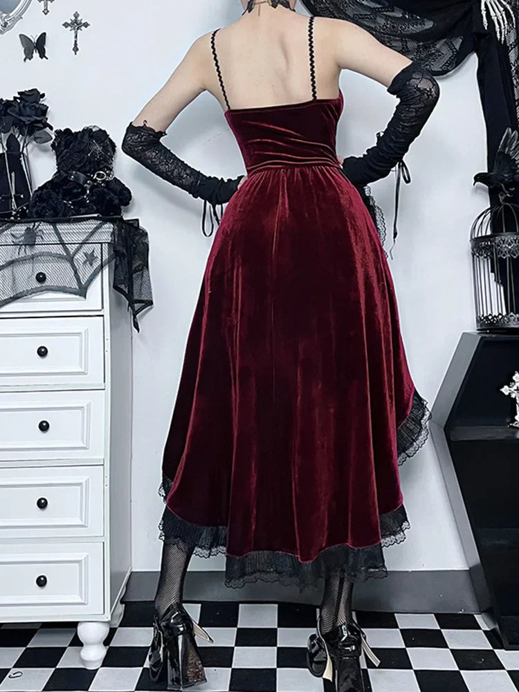 Velvet Lace Up Corset Bodice Lace Trim Tiered High Low Ruffle Mini Dress