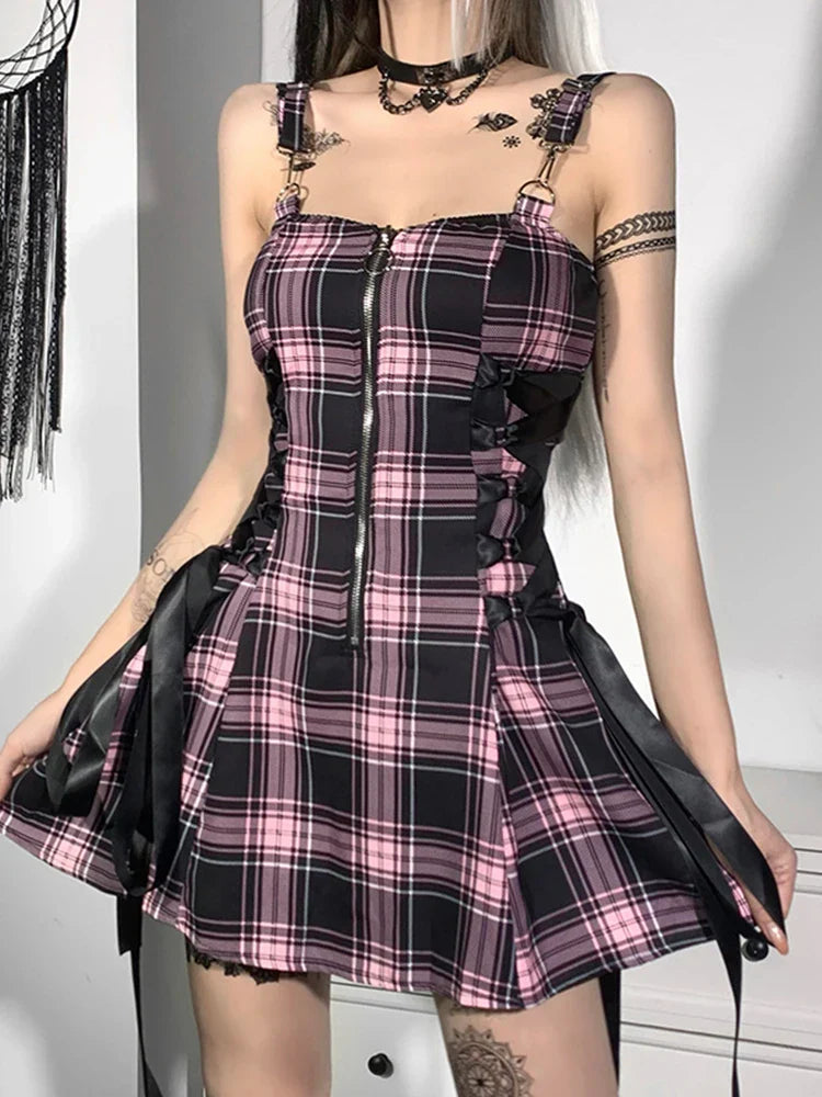Plaid Zip Front Strap Lace Up Side Panel A-Line Mini Dress