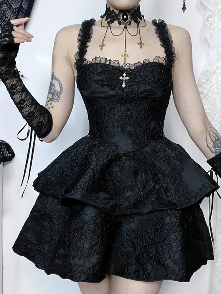 Jacquard Lace Tiered Sweetheart Suspender Mini Dress