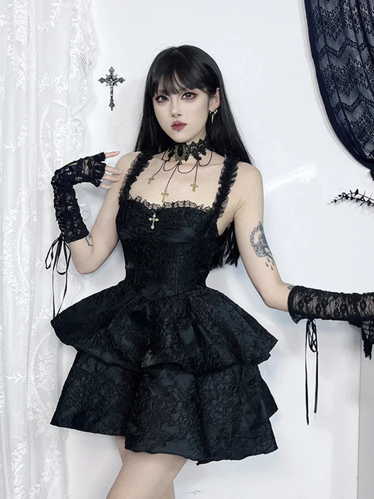 Jacquard Lace Tiered Sweetheart Suspender Mini Dress