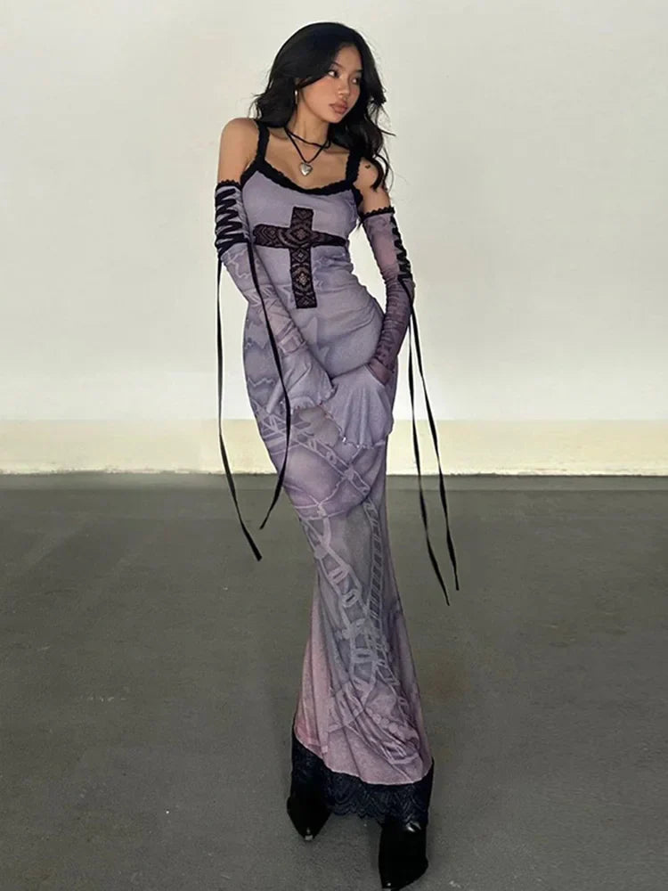 Gothic Chain Print Lace Cross Applique Detached Sleeve Maxi Dress