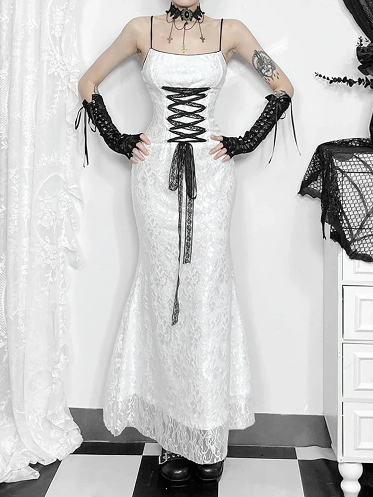 Floral Lace Spaghetti Strap Corset Lace-Up Gothic Maxi Dress