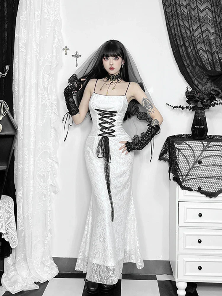 Floral Lace Spaghetti Strap Corset Lace-Up Gothic Maxi Dress