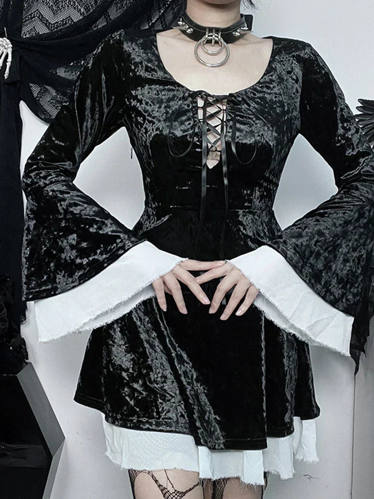 Velvet Lace Up Corset Bell Sleeve Raw Edge Trim Mini Dress