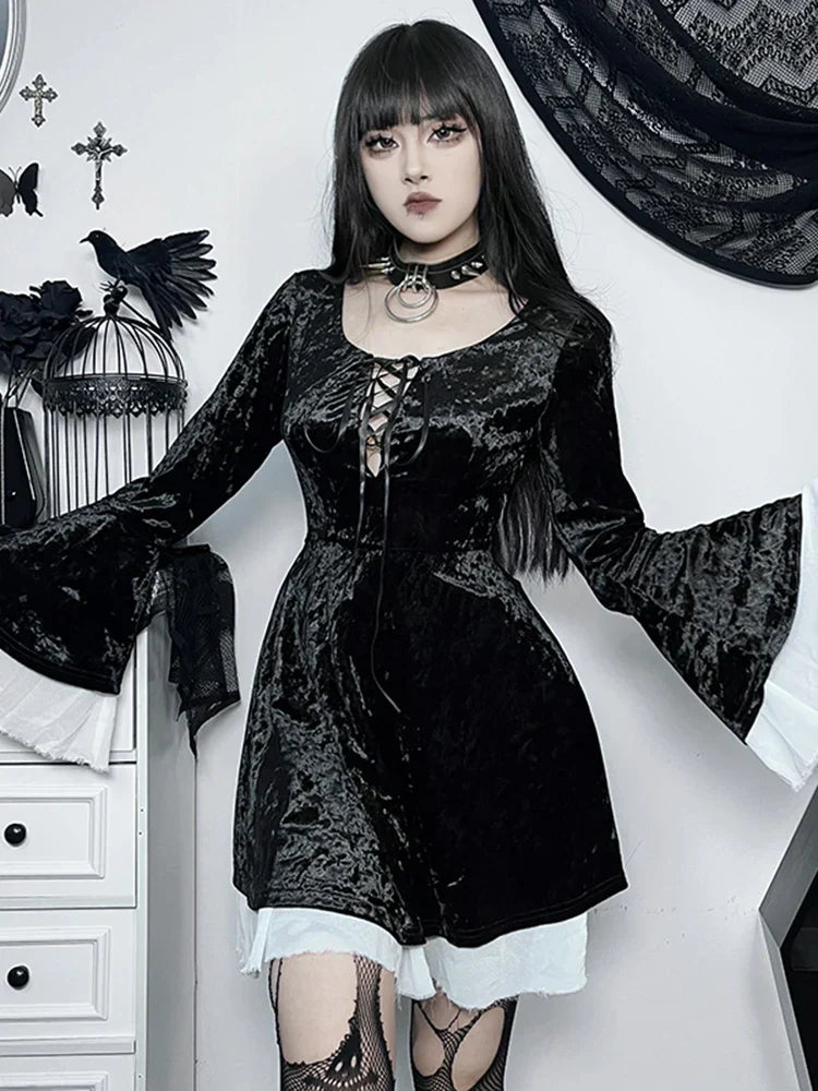 Velvet Lace Up Corset Bell Sleeve Raw Edge Trim Mini Dress