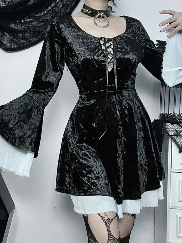 Velvet Lace Up Corset Bell Sleeve Raw Edge Trim Mini Dress