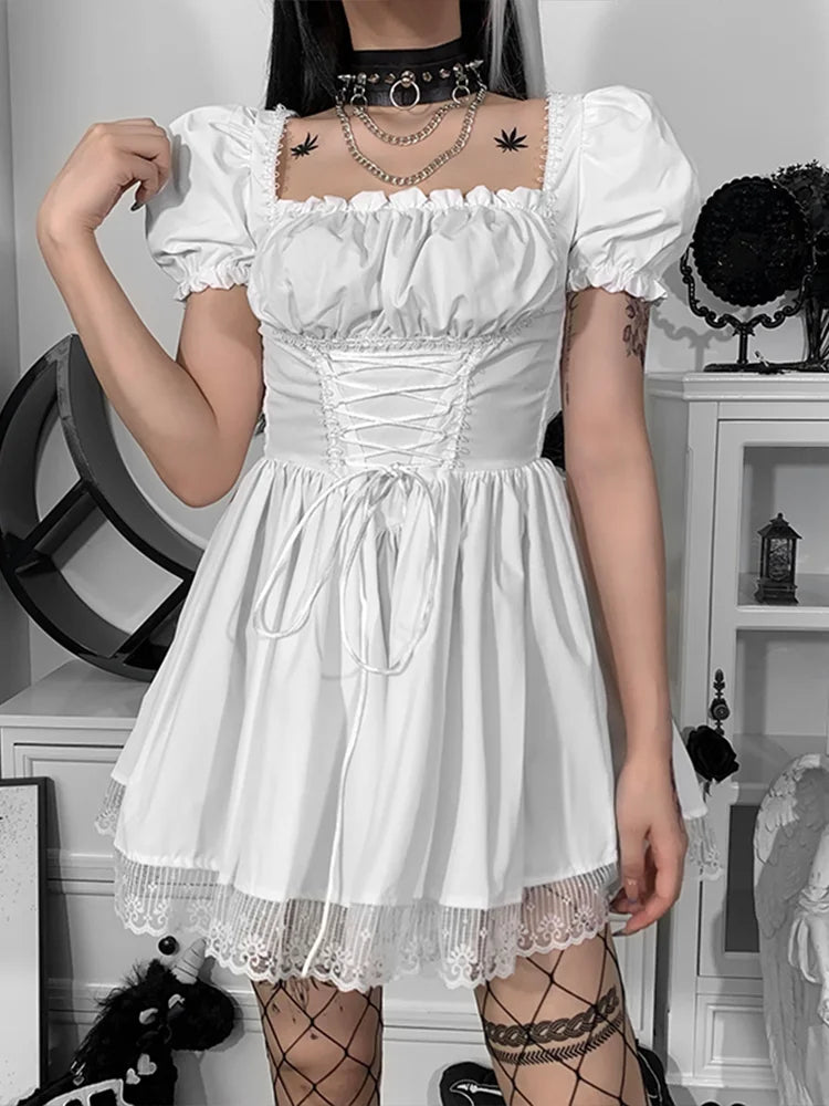 Square Neck Puff Sleeve Lace Up Corset Waist Lace Trim Hem Mini Dress