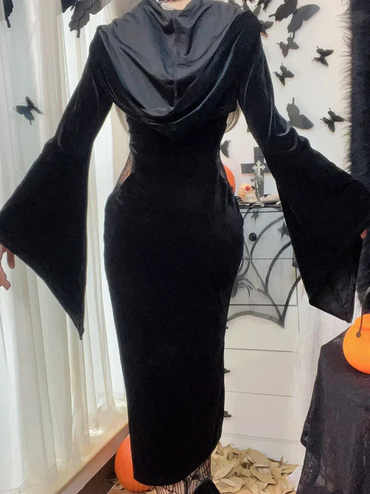 Velvet Lace-Up Corset Cutout Bell Sleeve High Slit Maxi Dress