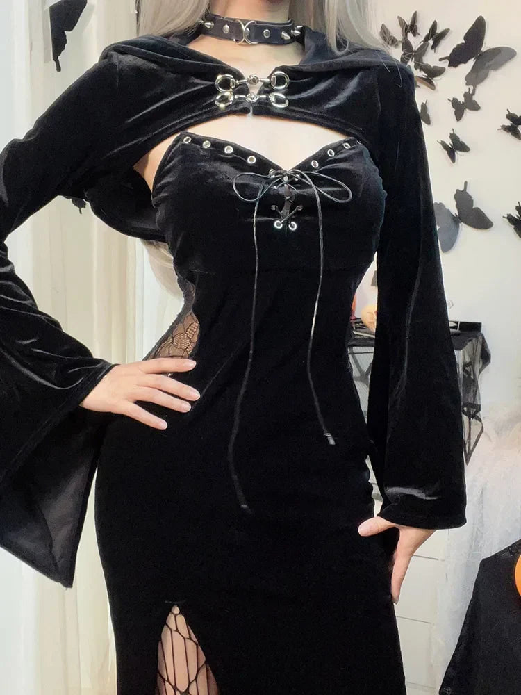Velvet Lace-Up Corset Cutout Bell Sleeve High Slit Maxi Dress