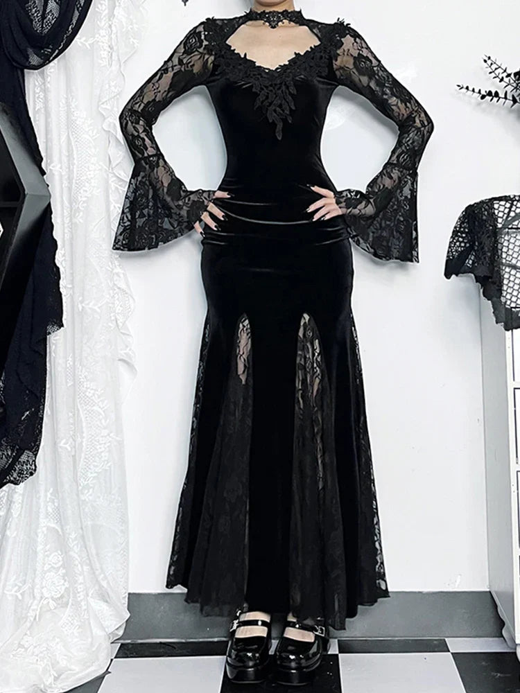 Velvet Lace Choker Bell Sleeve Mermaid Maxi Gown with High Slit