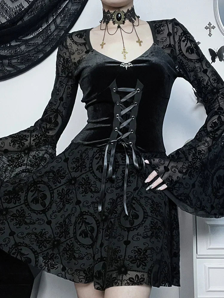 Lace Up Corset Sweetheart Bell Sleeve Damask Overlay Mini Dress