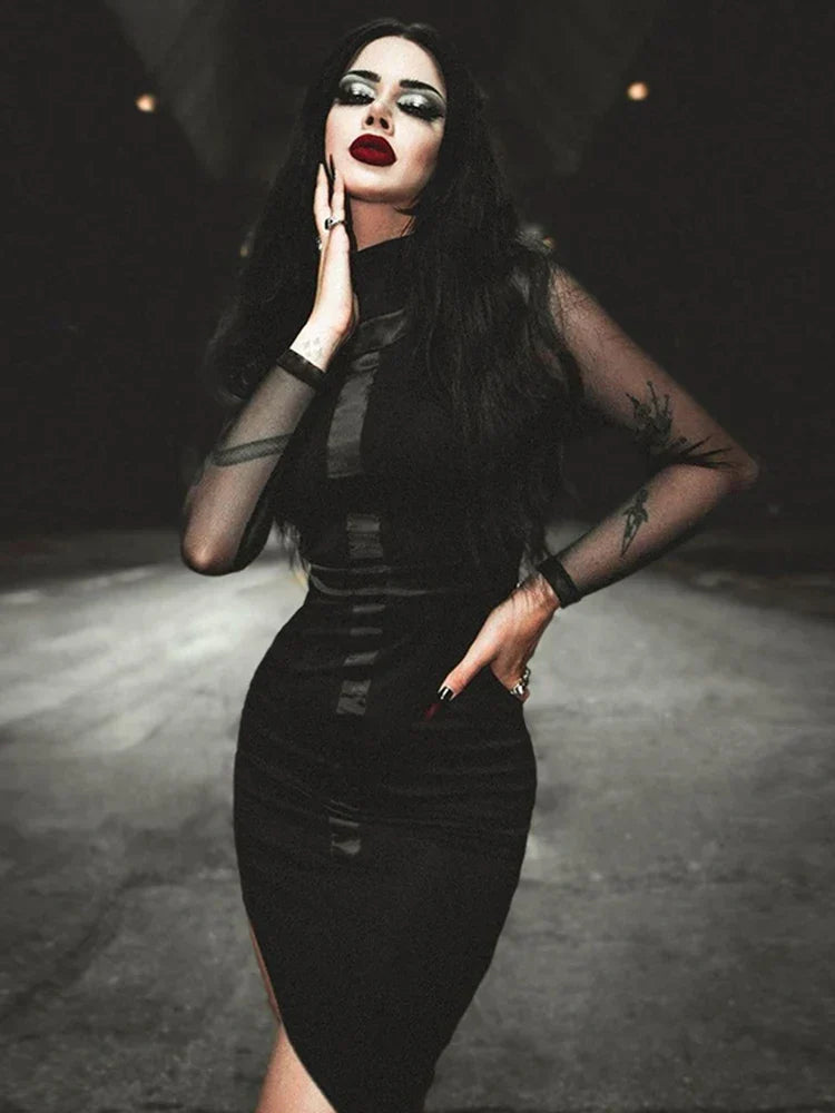 Mesh Long Sleeve Mock Neck Cross Panel Asymmetric Hem Bodycon Mini Dress