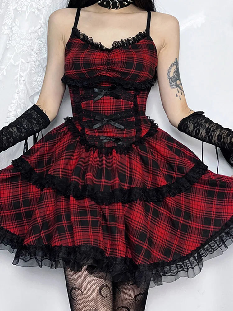 Tartan Plaid Lace Trim Tiered Bow Spaghetti Strap Mini Dress
