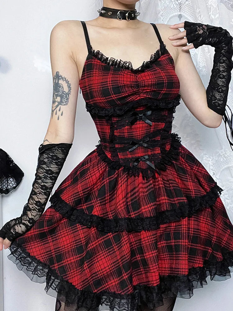 Tartan Plaid Lace Trim Tiered Bow Spaghetti Strap Mini Dress