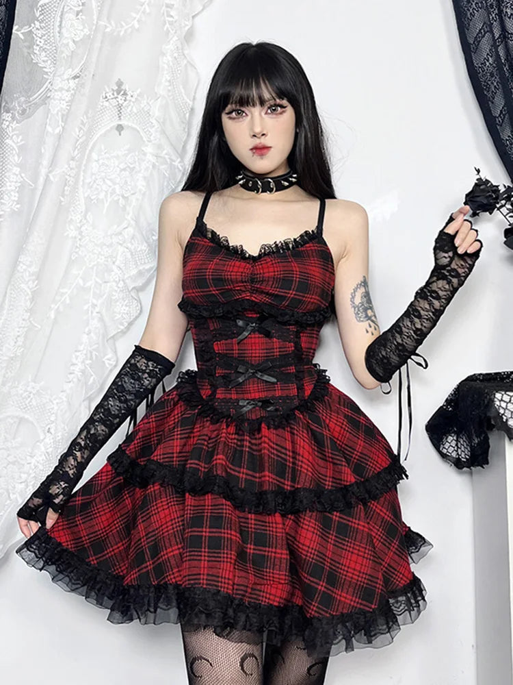 Tartan Plaid Lace Trim Tiered Bow Spaghetti Strap Mini Dress
