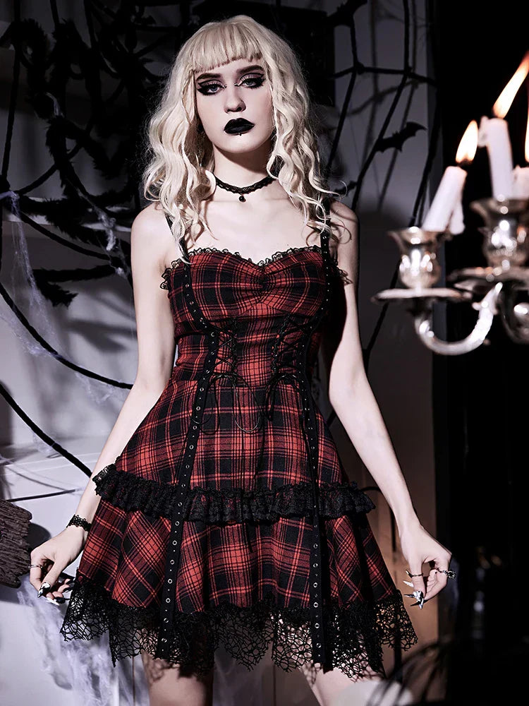 Plaid Corset Lace-Up Tiered Lace Trim Slip Mini Dress
