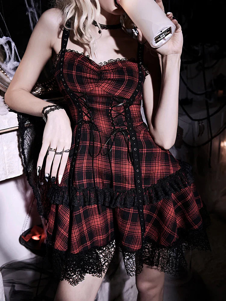 Plaid Corset Lace-Up Tiered Lace Trim Slip Mini Dress