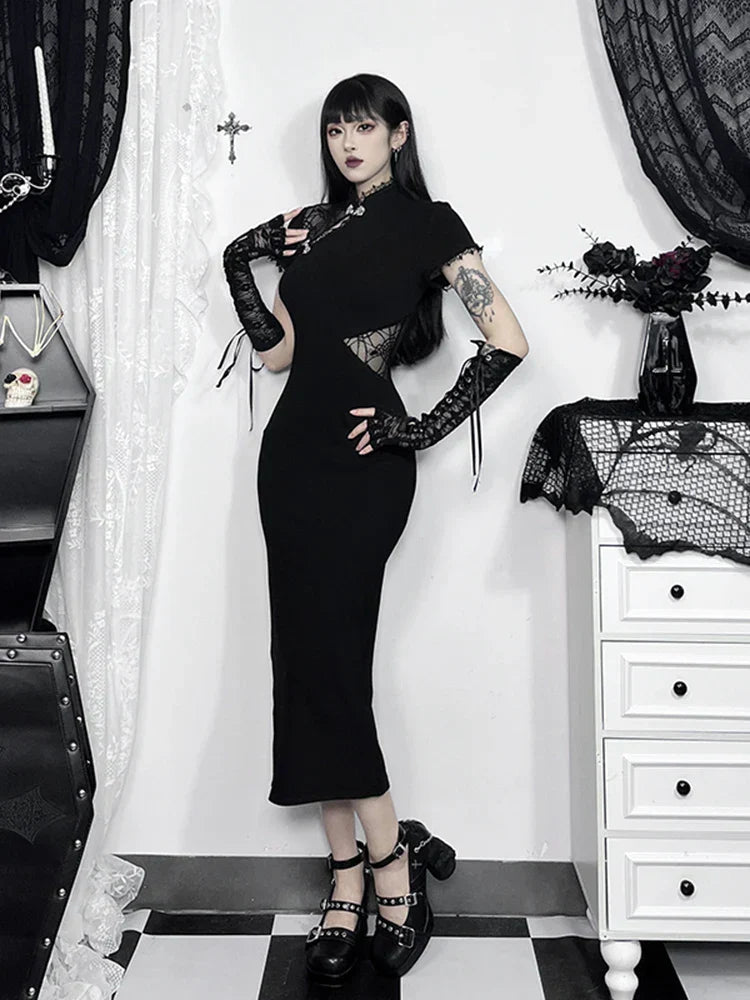 Mandarin Collar Frog Closure Lace Panel Mesh Cut Out Side Slit Bodycon Maxi Dress